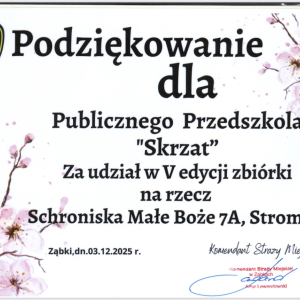 Podziękowanie za udział w akcji dla schroniska