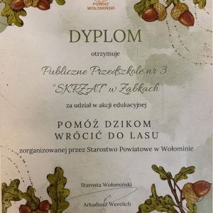 Podziękowanie za udział w akcji edukacyjnej pomóż dzikom wrócić do lasu